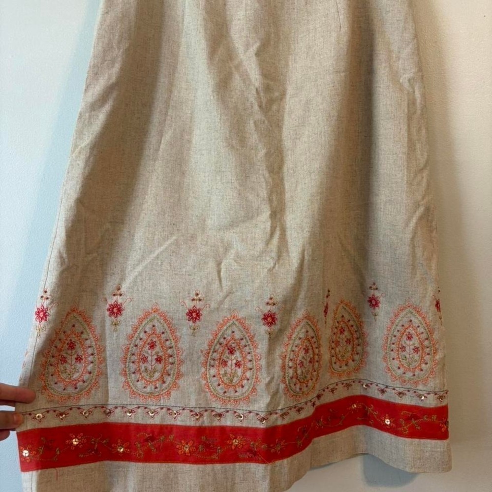 Vintage Y2K Tan Cottagecore Boho Embroidered Beaded Linen Midi Skirt Medium